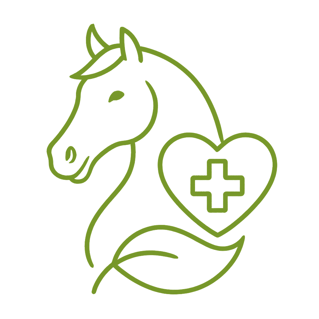 Grünes Icon stilisierter Pferdekopf mit Herz und medizinischem Kreuz sowie Blatt – Symbol für Gesundheit und Bewegung beim Pferd
