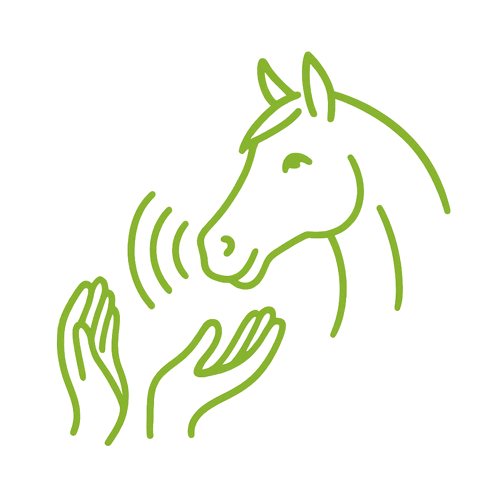 Grünes Icon: Pferdekopf und Hände – Symbol für Körpersprache und Kommunikation zwischen Mensch und Pferd